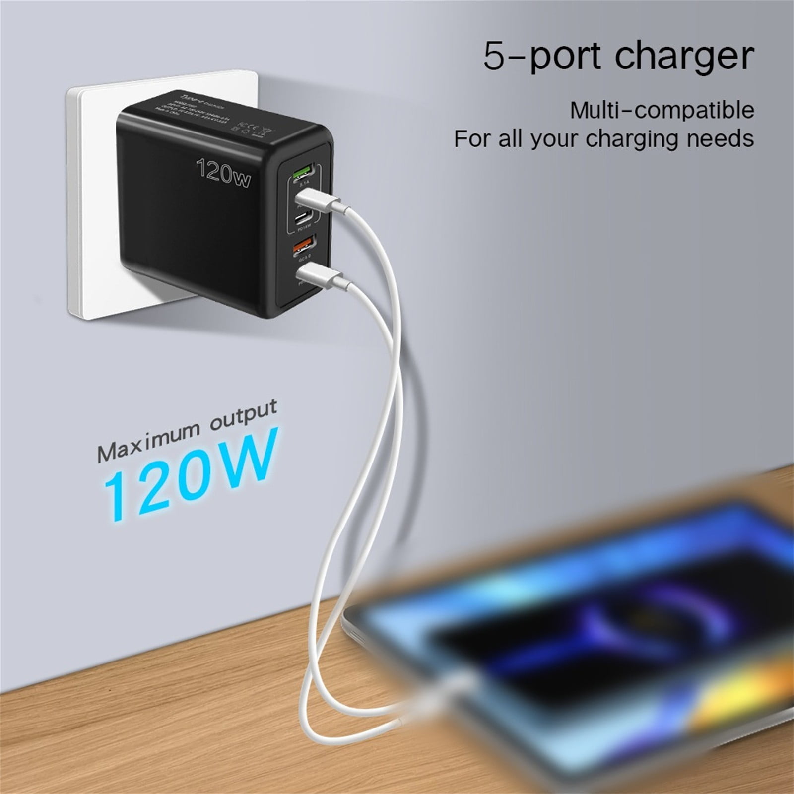 Eudgs 120W Fast Charger With 5 Ports 3PD+2USB Multiport