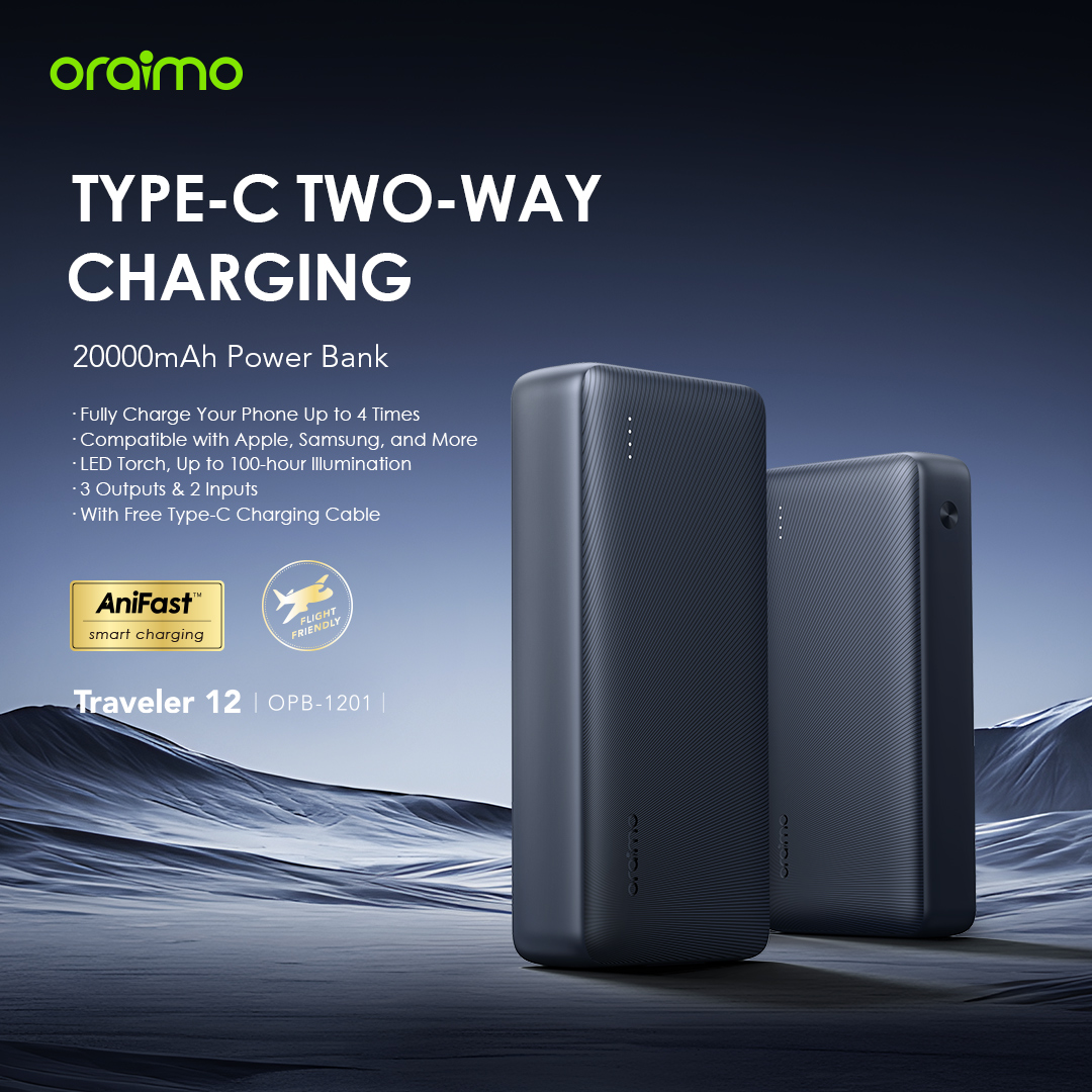 oraimo traveler 12 20000mah 12w fast charge type c 2 way
